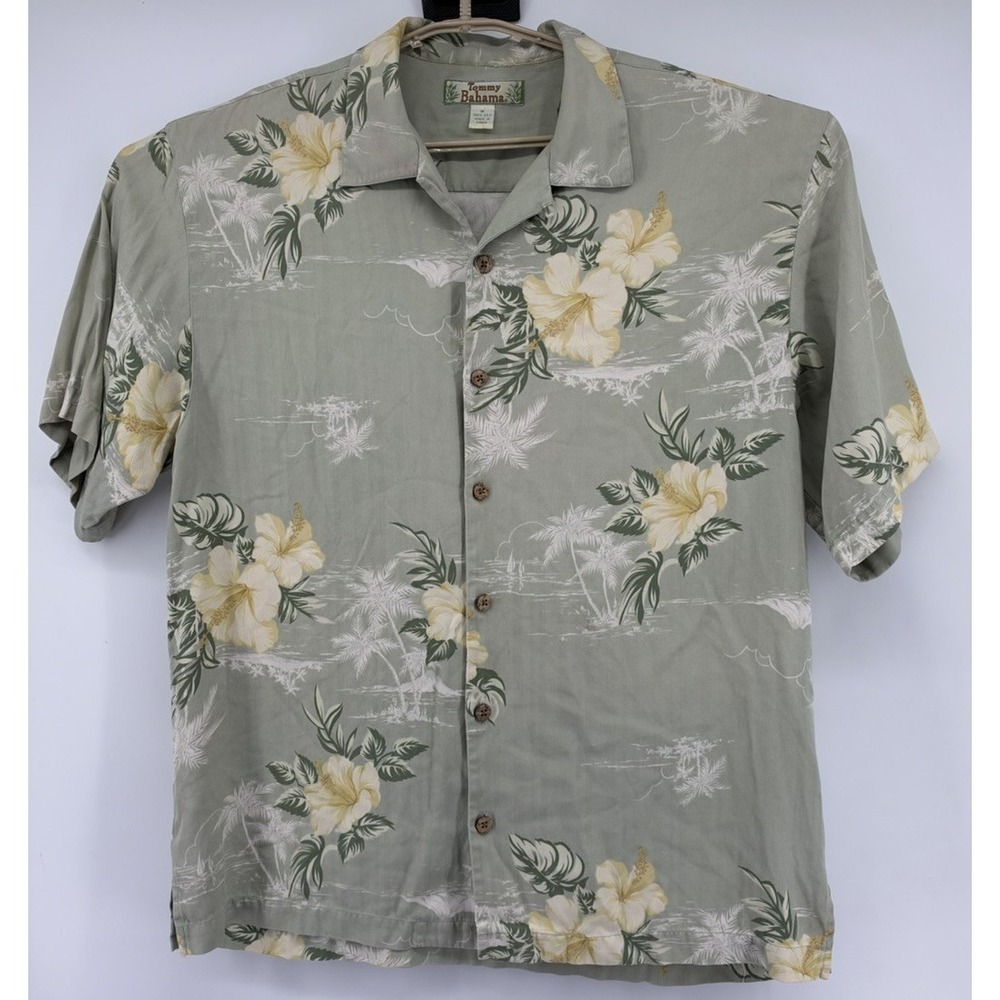 Tommy Bahama Silk Hawaiian Shirt Light Sage Floral Short Sleeve Men's Medium